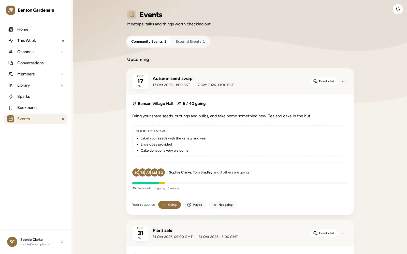 Upcoming events with RSVPs, and a poll on a phone