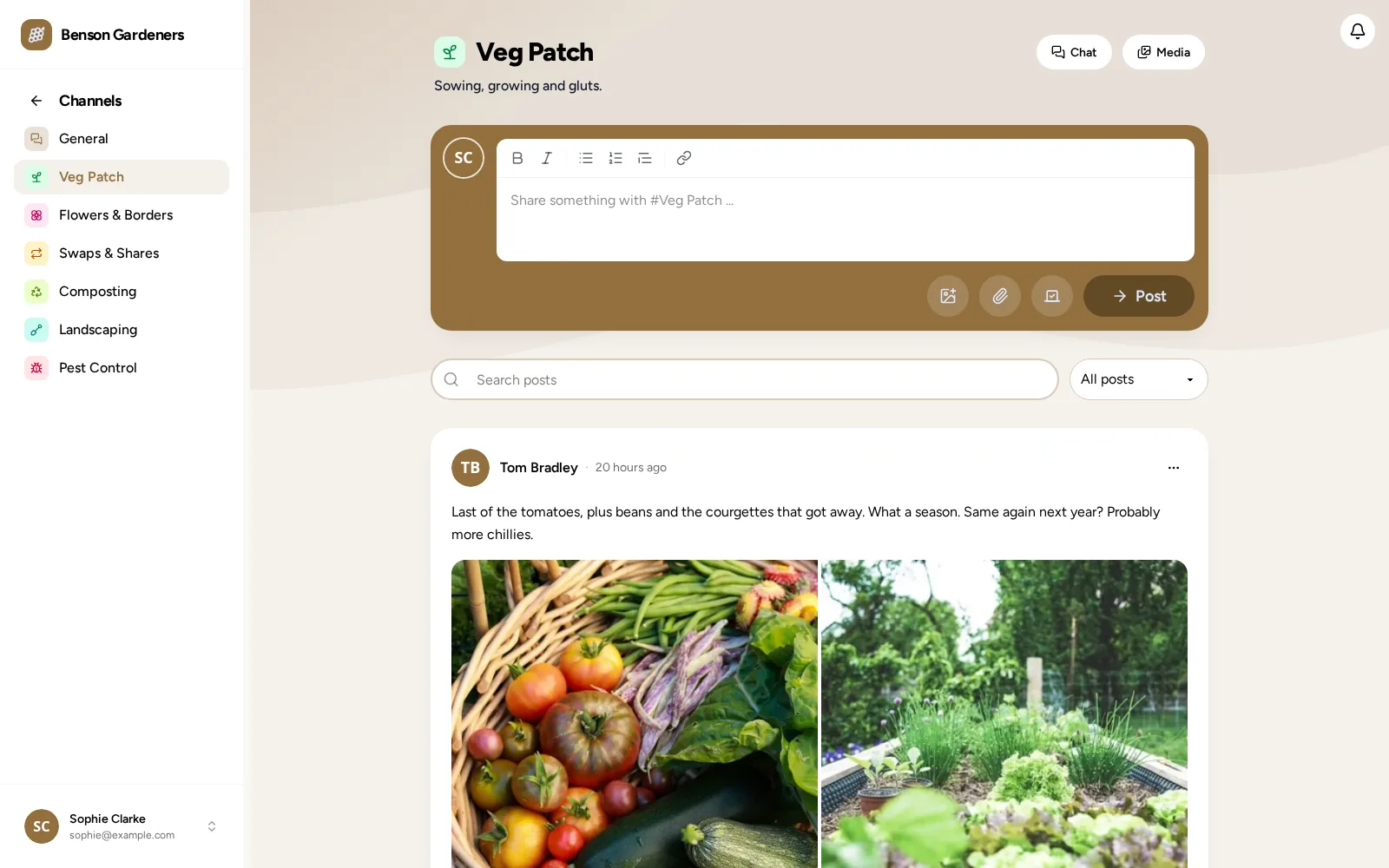 Benson Gardeners' Veg Patch channel, and a group chat on a phone